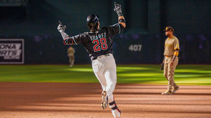 Jun 14, 2025; Phoenix, Arizona, USA; Arizona Diamondbacks infielder Eugenio Suarez (28) celebrates after hitting a home run in the fourth inning against the San Diego Padres at Chase Field. Mandatory Credit: Allan Henry-Imagn Images Jun 14, 2025; Phoenix, Arizona, USA; Arizona Diamondbacks infielder Eugenio Suarez (28) celebrates after hitting a home run in the fourth inning against the San Diego Padres at Chase Field. Mandatory Credit: Allan Henry-Imagn Images