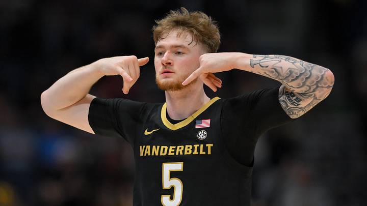 Mar 15, 2026; Nashville, TN, USA; Vanderbilt Commodores forward Tyler Nickel (5) reacts after a made three point basket against the Arkansas Razorbacks during the first half during the men's SEC Conference Tournament Championship at Bridgestone Arena. Mandatory Credit: Steve Roberts-Imagn Images