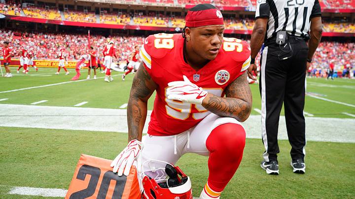 Aug 15, 2026; Kansas City, Missouri, USA; Kansas City Chiefs defensive tackle Peter Woods (99) kneels on field against the Los Angeles Rams prior to the pre season at Arrowhead Stadium. Mandatory Credit: Denny Medley-Imagn Images Aug 15, 2026; Kansas City, Missouri, USA; Kansas City Chiefs defensive tackle Peter Woods (99) kneels on field against the Los Angeles Rams prior to the pre season at Arrowhead Stadium. Mandatory Credit: Denny Medley-Imagn Images