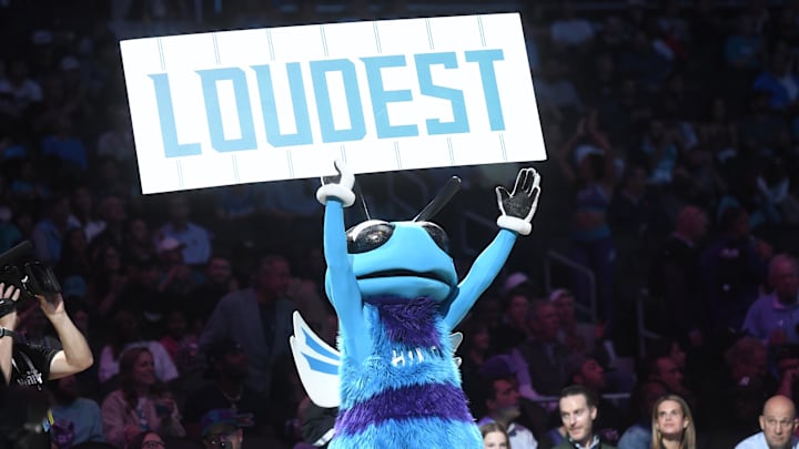 Oct 22, 2025; Charlotte, North Carolina, USA;  Charlotte Hornets mascot Hugo The Hornet during the first half against the Brooklyn Nets at the Spectrum Center. Mandatory Credit: Sam Sharpe-Imagn Images