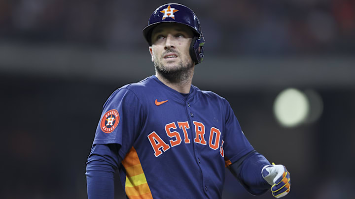 Sep 8, 2024; Houston, Texas, USA; Houston Astros third baseman Alex Bregman (2) reacts after a play during the fifth inning against the Arizona Diamondbacks at Minute Maid Park