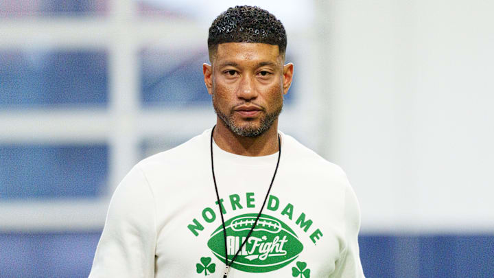 Head coach Marcus Freeman during a Notre Dame football practice at Irish Athletic Center on Saturday, April 18, 2026, in South Bend.