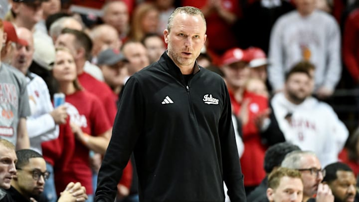 Jan 17, 2026; Bloomington, Indiana, USA; Indiana Hoosiers head coach Darian DeVries is seen prior to the start of the game against the Iowa Hawkeyes at Simon Skjodt Assembly Hall. Mandatory Credit: Robert Goddin-Imagn Images