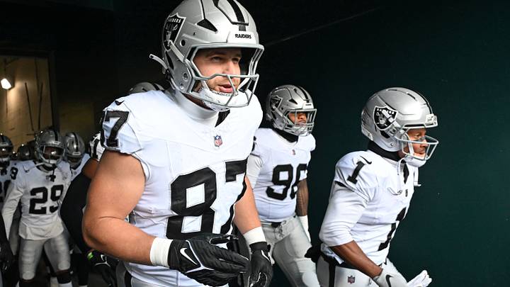 Dec 14, 2025; Philadelphia, Pennsylvania, USA; Las Vegas Raiders tight end Michael Mayer (87) and wide receiver Tre Tucker (1) in tunnel against the Philadelphia Eagles at Lincoln Financial Field. Mandatory Credit: Eric Hartline-Imagn Images Dec 14, 2025; Philadelphia, Pennsylvania, USA; Las Vegas Raiders tight end Michael Mayer (87) and wide receiver Tre Tucker (1) in tunnel against the Philadelphia Eagles at Lincoln Financial Field. Mandatory Credit: Eric Hartline-Imagn Images
