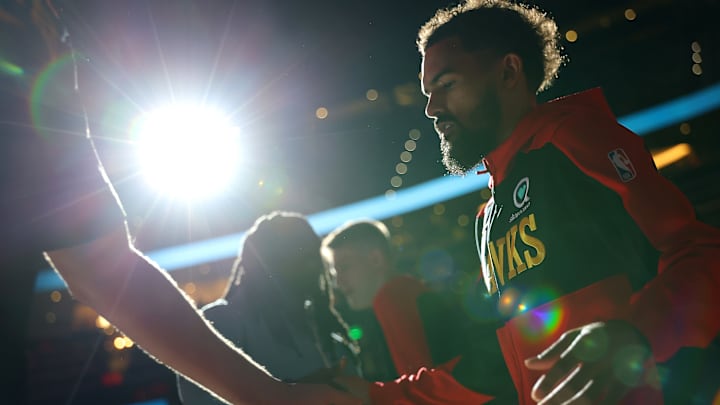 Trae Young #11 of the Atlanta Hawks is introduced before facing the Miami Heat in the Play-In Tournament.