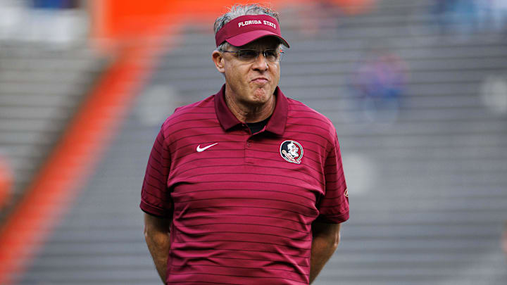 Nov 29, 2025; Gainesville, Florida, USA; Florida Gators offensive coordinator Gus Malzahn looks on before a game against the Florida Gators at Ben Hill Griffin Stadium. Mandatory Credit: Matt Pendleton-Imagn Images