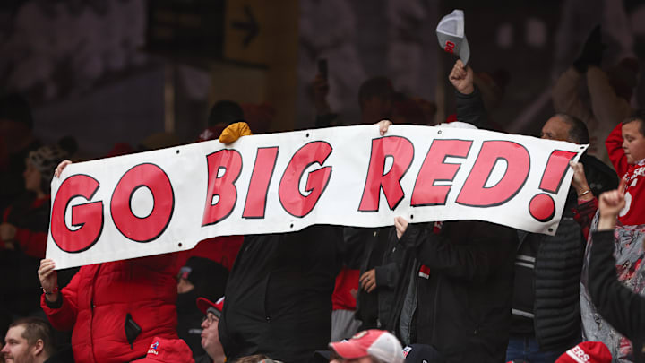 Dec 28, 2024; Bronx, NY, USA; Nebraska Cornhuskers fans hold up a sign during the second half against the Boston College Eagles at Yankee Stadium. 