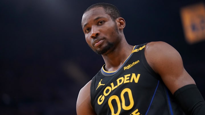May 12, 2025; San Francisco, California, USA; Golden State Warriors forward Jonathan Kuminga (00) stands on the court before a play against the Minnesota Timberwolves in the second quarter during game four of the second round for the 2025 NBA Playoffs at Chase Center. Mandatory Credit: Cary Edmondson-Imagn Images