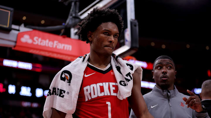 Dec 29, 2024; Houston, Texas, USA; Houston Rockets guard Amen Thompson (1) is escorted off the court after being ejected against the Miami Heat during the fourth quarter at Toyota Center. Mandatory Credit: Erik Williams-Imagn Images
Dec 29, 2024; Houston, Texas, USA; Houston Rockets guard Amen Thompson (1) is escorted off the court after being ejected against the Miami Heat during the fourth quarter at Toyota Center. Mandatory Credit: Erik Williams-Imagn Images