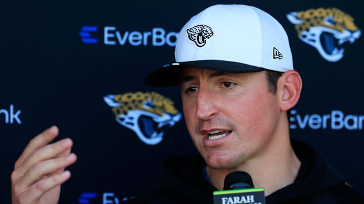 Jacksonville Jaguars offensive coordinator Grant Udinski answers questions from the media after an NFL training camp session at the Miller Electric Center, Wednesday, Aug. 6, 2025, in Jacksonville, Fla. [Corey Perrine/Florida Times-Union]