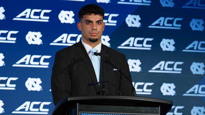 Jul 17, 2026; Charlotte, NC, USA; North Carolina defensive lineman Melkart  Abou Jaoude, talks with the media during interviews at Hilton Charlotte Uptown. Mandatory Credit: Jim Dedmon-Imagn Images