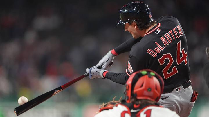 Sep 23, 2026; Boston, Massachusetts, USA; Cleveland Guardians designated hitter Chase DeLauter (24) hits a fly ball against the Boston Red Sox during the first inning at Fenway Park. Mandatory Credit: Gregory Fisher-Imagn Images