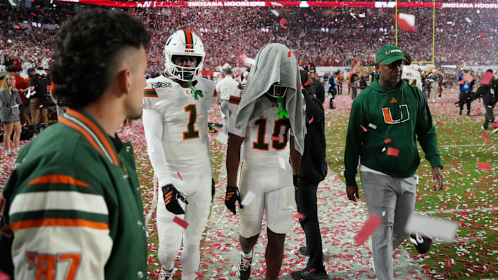 Jan 19, 2026; Miami Gardens, FL, USA; Miami Hurricanes players react after losing to the Indiana Hoosiers in the College Football Playoff National Championship game at Hard Rock Stadium. Mandatory Credit: Kirby Lee-Imagn Images