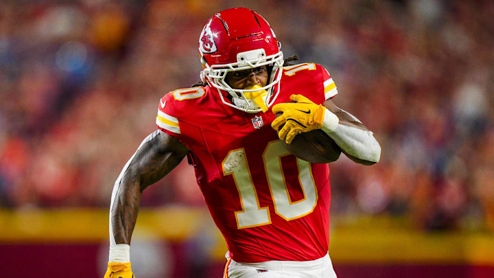 Oct 12, 2025; Kansas City, Missouri, USA; Kansas City Chiefs running back Isiah Pacheco (10) runs the ball during the first half against the Detroit Lions at GEHA Field at Arrowhead Stadium. Oct 12, 2025; Kansas City, Missouri, USA; Kansas City Chiefs running back Isiah Pacheco (10) runs the ball during the first half against the Detroit Lions at GEHA Field at Arrowhead Stadium.