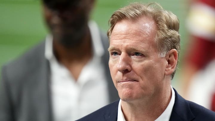 NFL commissioner Roger Goodell stands on the field before Super Bowl LIX at Caesars Superdome.