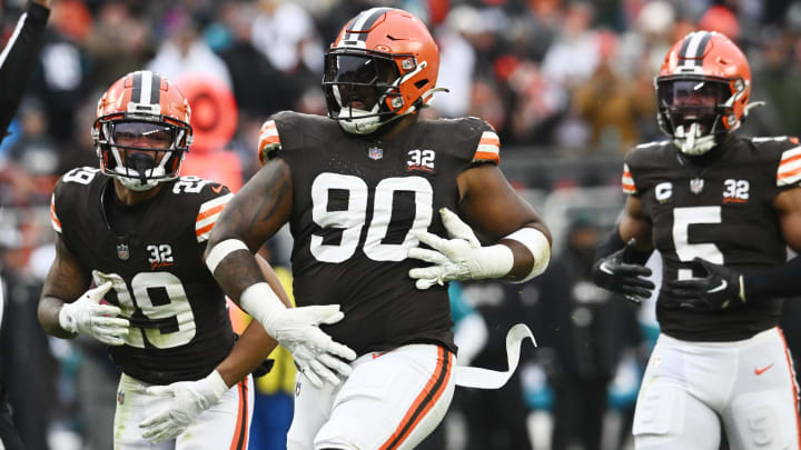 Dec 10, 2023; Cleveland, Ohio, USA; Cleveland Browns defensive tackle Maurice Hurst II (90) celebrates after sacking Jacksonville Jaguars quarterback Trevor Lawrence (not pictured) during the second half at Cleveland Browns Stadium. Mandatory Credit: Ken Blaze-USA TODAY Sports