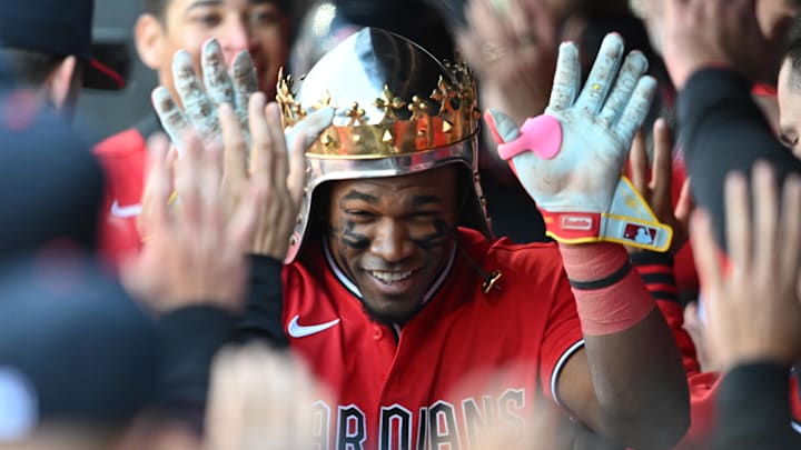 Apr 8, 2026; Cleveland, Ohio, USA; Cleveland Guardians left fielder Angel Martinez (1) celebrates after hitting a grand slam during the eighth inning against the Kansas City Royals at Progressive Field. Mandatory Credit: Ken Blaze-Imagn Images
