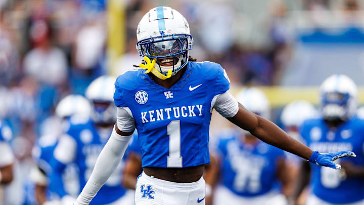 Sep 21, 2024; Lexington, Kentucky, USA; Kentucky Wildcats defensive back Maxwell Hairston (1) runs onto the field before the game against the Ohio Bobcats at Kroger Field. 