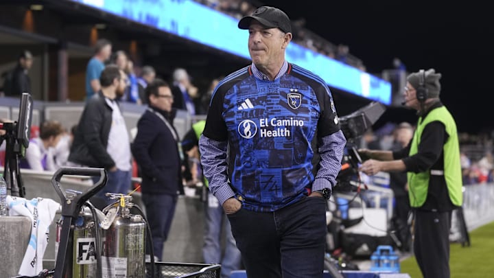 Feb 22, 2025; San Jose, California, USA; San Jose Earthquakes owner John Fisher looks on prior to the game against Real Salt Lake at PayPal Park. Mandatory Credit: Darren Yamashita-Imagn Images