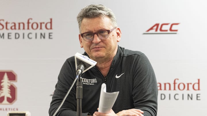 Feb 26, 2025; Stanford, California, USA; Stanford Cardinal head coach Kyle Smith speaks with the media after defeating the Boston College Eagles at Maples Pavilion. Mandatory Credit: Stan Szeto-Imagn Images Feb 26, 2025; Stanford, California, USA; Stanford Cardinal head coach Kyle Smith speaks with the media after defeating the Boston College Eagles at Maples Pavilion. Mandatory Credit: Stan Szeto-Imagn Images