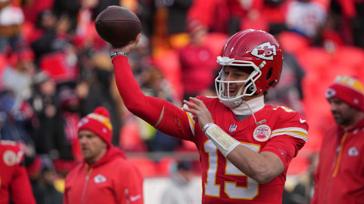 Jan 18, 2025; Kansas City, Missouri, USA; Kansas City Chiefs quarterback Patrick Mahomes (15) warms up before a 2025 AFC divisional round game against the Houston Texans at GEHA Field at Arrowhead Stadium.