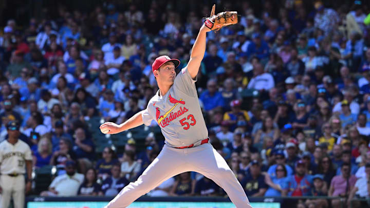 Sep 2, 2024; Milwaukee, Wisconsin, USA; St. Louis Cardinals starting pitcher Andre Pallante (53) pitches in the first inning against the Milwaukee Brewers at American Family Field. Mandatory Credit: Benny Sieu-Imagn Images