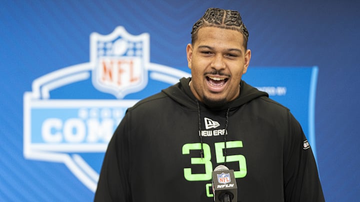Mar 1, 2025; Indianapolis, IN, USA; Texas Tech offensive lineman Caleb Rogers (OL35) answers questions at a press conference during the 2025 NFL Combine at Indiana Convention Center. Mandatory Credit: Jacob Musselman-Imagn Images Mar 1, 2025; Indianapolis, IN, USA; Texas Tech offensive lineman Caleb Rogers (OL35) answers questions at a press conference during the 2025 NFL Combine at Indiana Convention Center. Mandatory Credit: Jacob Musselman-Imagn Images