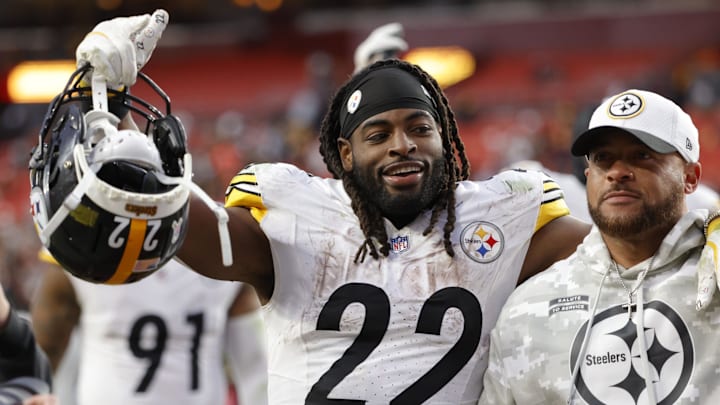 Pittsburgh Steelers running back Najee Harris celebrates while leaving the field after defeating the Washington Commanders.