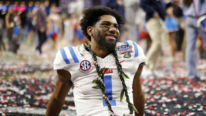 Jan 1, 2026; New Orleans, LA, USA; Mississippi Rebels wide receiver De'Zhaun Stribling (1) celebrates on the field after defeating the Georgia Bulldogs during the 2026 Sugar Bowl and quarterfinal game of the College Football Playoff at Caesars Superdome. Mandatory Credit: Amber Searls-Imagn Images