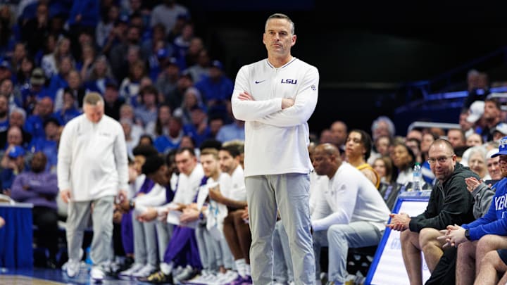 Mar 4, 2025; Lexington, Kentucky, USA; LSU Tigers head coach Matt McMahon looks on during the first half against the Kentucky Wildcats at Rupp Arena at Central Bank Center. Mandatory Credit: Jordan Prather-Imagn Images Mar 4, 2025; Lexington, Kentucky, USA; LSU Tigers head coach Matt McMahon looks on during the first half against the Kentucky Wildcats at Rupp Arena at Central Bank Center. Mandatory Credit: Jordan Prather-Imagn Images