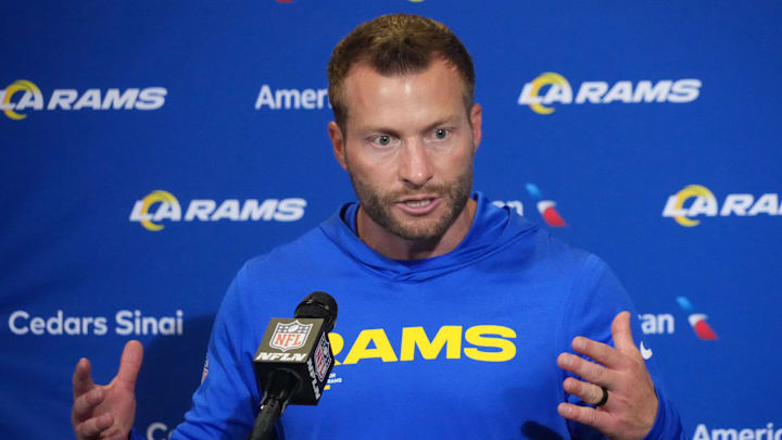 Oct 19, 2025; London, United Kingdom; Los Angeles Rams head coach Sean McVay at a press conference after a NFL International Series game against the Jacksonville Jaguars at Wembley Stadium. Mandatory Credit: Kirby Lee-Imagn Images Oct 19, 2025; London, United Kingdom; Los Angeles Rams head coach Sean McVay at a press conference after a NFL International Series game against the Jacksonville Jaguars at Wembley Stadium. Mandatory Credit: Kirby Lee-Imagn Images