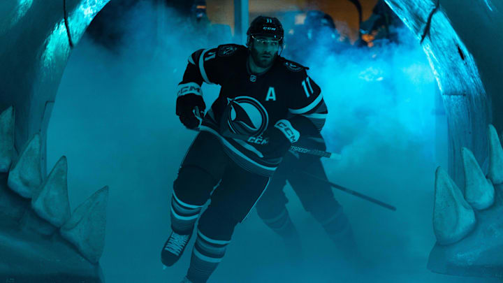 Feb 24, 2024; San Jose, California, USA; San Jose Sharks center Luke Kunin (11) skates onto the ice