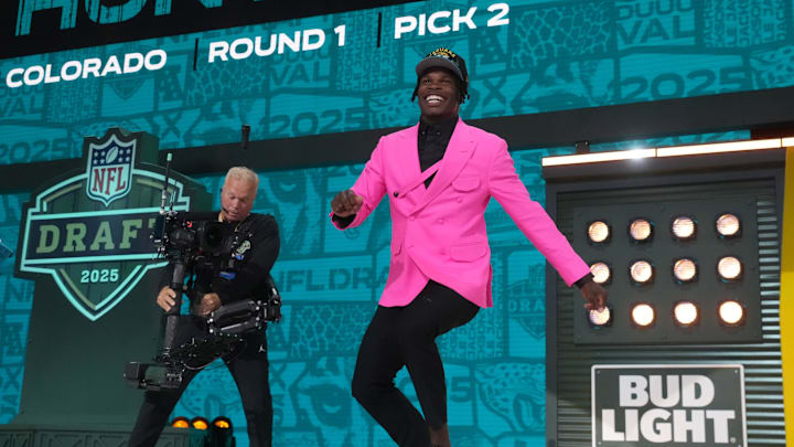 Colorado Buffaloes wide receiver Travis Hunter is selected by the Jacksonville Jaguars as the number two pick in the first round of the 2025 NFL Draft.