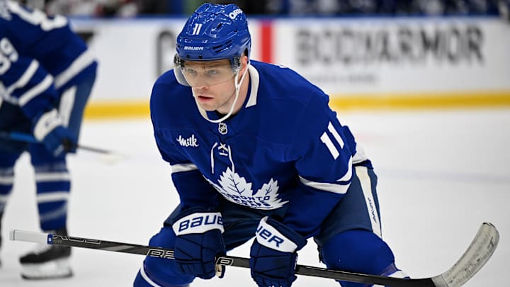 Apr 22, 2025; Toronto, Ontario, CAN;  Toronto Maple Leafs forward Max Domi (11) prepares to take a faceoff against the Ottawa Senators in the first period in game two of the first round of the 2025 Stanley Cup Playoffs at Scotiabank Arena. Mandatory Credit: Dan Hamilton-Imagn Images