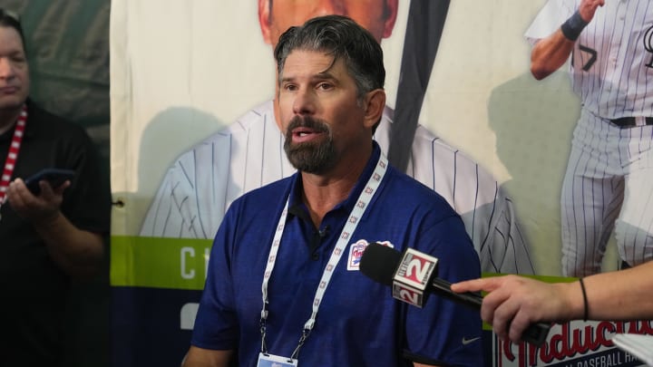 Jul 20, 2024; Cooperstown, New York, USA; Hall of Fame Inductee Todd Helton speaks during the Press Conference at the Clark Center in Cooperstown, NY. Jul 20, 2024; Cooperstown, New York, USA; Hall of Fame Inductee Todd Helton speaks during the Press Conference at the Clark Center in Cooperstown, NY.