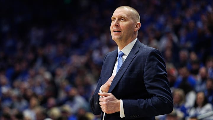 Feb 19, 2025; Lexington, Kentucky, USA; Kentucky Wildcats head coach Mark Pope watches the action during the first half against the Vanderbilt Commodores at Rupp Arena at Central Bank Center. Mandatory Credit: Jordan Prather-Imagn Images