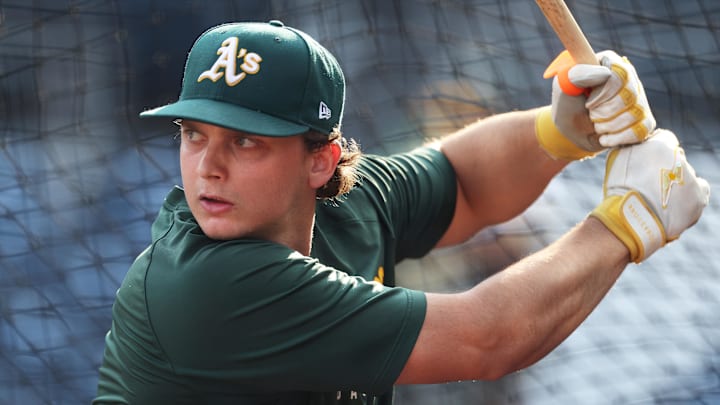 Sep 19, 2025; Pittsburgh, Pennsylvania, USA; Athletics first baseman Nick Kurtz (16) in the batting cage before the game against the Pittsburgh Pirates at PNC Park. Mandatory Credit: Charles LeClaire-Imagn Images Sep 19, 2025; Pittsburgh, Pennsylvania, USA; Athletics first baseman Nick Kurtz (16) in the batting cage before the game against the Pittsburgh Pirates at PNC Park. Mandatory Credit: Charles LeClaire-Imagn Images