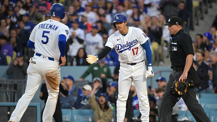 Apr 27, 2026; Los Angeles, California, USA; Los Angeles Dodgers two-way player Shohei Ohtani (17) and first baseman Freddie Freeman (5) celebrate scoring against the Miami Marlins in the first inning at Dodger Stadium. Mandatory Credit: Jayne Kamin-Oncea-Imagn Images Apr 27, 2026; Los Angeles, California, USA; Los Angeles Dodgers two-way player Shohei Ohtani (17) and first baseman Freddie Freeman (5) celebrate scoring against the Miami Marlins in the first inning at Dodger Stadium. Mandatory Credit: Jayne Kamin-Oncea-Imagn Images