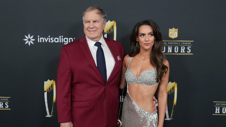 Feb 6, 2025; New Orleans, LA, USA; Bill Belichick and Jordon Hudson on the red carpet before Super Bowl LIX NFL Honors at Saenger Theatre. Mandatory Credit: Kirby Lee-Imagn Images Feb 6, 2025; New Orleans, LA, USA; Bill Belichick and Jordon Hudson on the red carpet before Super Bowl LIX NFL Honors at Saenger Theatre. Mandatory Credit: Kirby Lee-Imagn Images