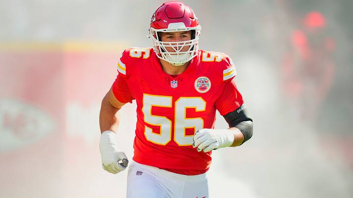 Sep 28, 2025; Kansas City, Missouri, USA; Kansas City Chiefs defensive end George Karlaftis (56) takes the field prior to a game against the Baltimore Ravens at GEHA Field at Arrowhead Stadium. Mandatory Credit: Jay Biggerstaff-Imagn Images Sep 28, 2025; Kansas City, Missouri, USA; Kansas City Chiefs defensive end George Karlaftis (56) takes the field prior to a game against the Baltimore Ravens at GEHA Field at Arrowhead Stadium. Mandatory Credit: Jay Biggerstaff-Imagn Images