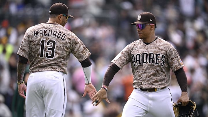 Sep 3, 2023; San Diego, California, USA; San Diego Padres designated hitter Manny Machado (13) and