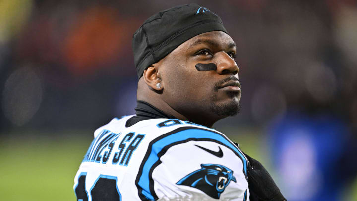 Nov 9, 2023; Chicago, Illinois, USA; Carolina Panthers linebacker Marquis Haynes Sr. (98) waits for Nov 9, 2023; Chicago, Illinois, USA; Carolina Panthers linebacker Marquis Haynes Sr. (98) waits for