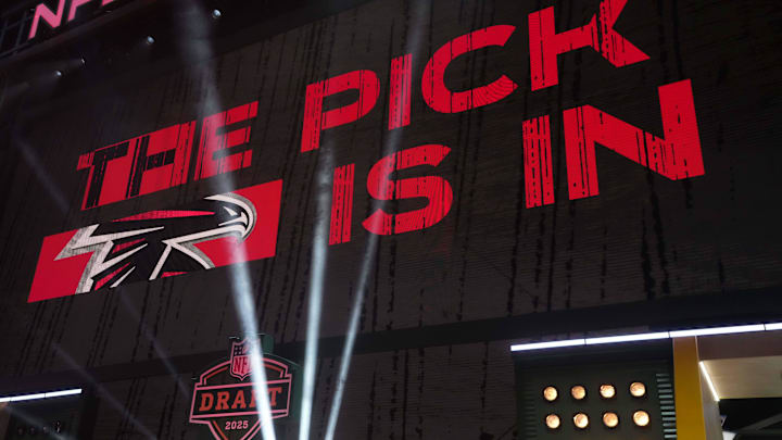 Apr 24, 2025; Green Bay, WI, USA; The Atlanta Falcons logo is projected on the video board during the NFL Draft at Lambeau Field. Mandatory Credit: Kirby Lee-Imagn Images