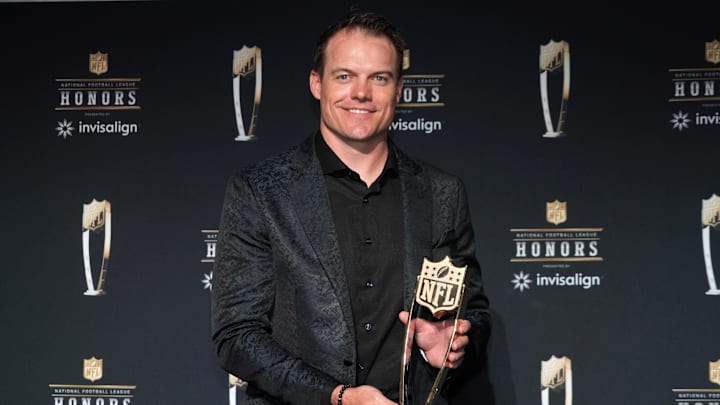 Feb 6, 2025; New Orleans, LA, USA; Minnesota Vikings coach Kevin O'Connell poses with the Coach of the Year award during Super Bowl LIX NFL Honors at Saenger Theatre.