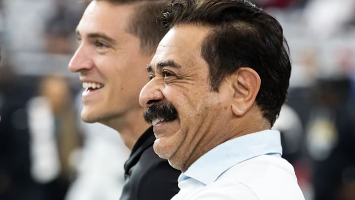 Nov 23, 2025; Glendale, Arizona, USA; Jacksonville Jaguars general manager James Gladstone (left) with owner Shad Khan against the Arizona Cardinals at State Farm Stadium. Mandatory Credit: Mark J. Rebilas-Imagn Images