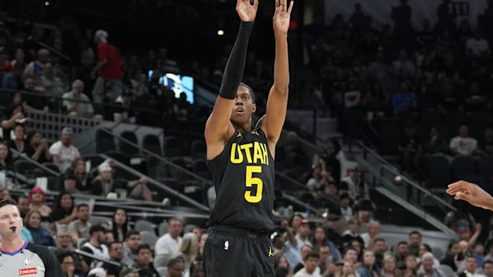 Oct 12, 2024; San Antonio, Texas, USA;  Utah Jazz forward Cody Williams (5) shoots in the first half against the San Antonio Spurs at Frost Bank Center. Mandatory Credit: Daniel Dunn-Imagn Images