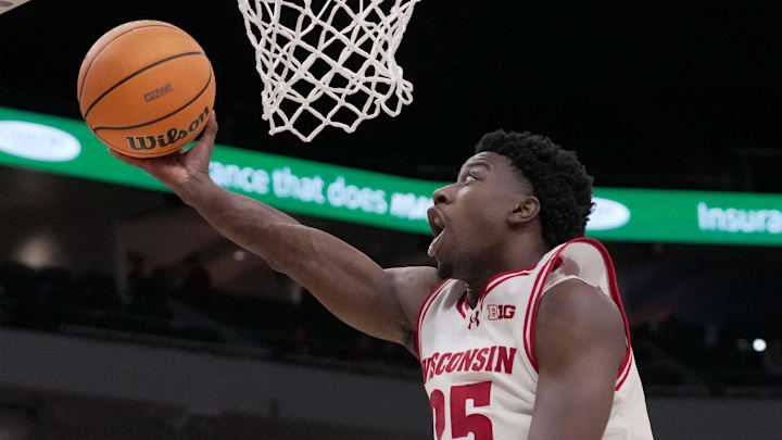 Wisconsin guard John Blackwell (25) scores during the second half of their game Friday, December 19, 2025 at Fiserv Forum in Milwaukee, Wisconsin. Villanova beat Wisconsin 76-66 in overtime.