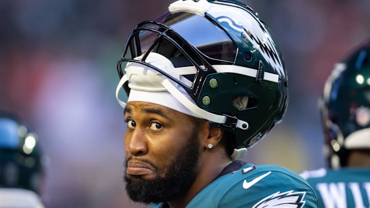Feb 12, 2023; Glendale, Arizona, US; Philadelphia Eagles linebacker Haason Reddick (7) reacts against the Kansas City Chiefs during Super Bowl LVII at State Farm Stadium. Mandatory Credit: Mark J. Rebilas-Imagn Images
