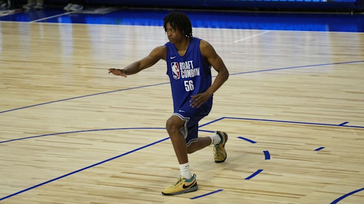 May 13, 2025; Chicago, Il, USA; Tre Johnson (56) participates in the 2025 NBA Draft Combine at Wintrust Arena. Mandatory Credit: David Banks-Imagn Images