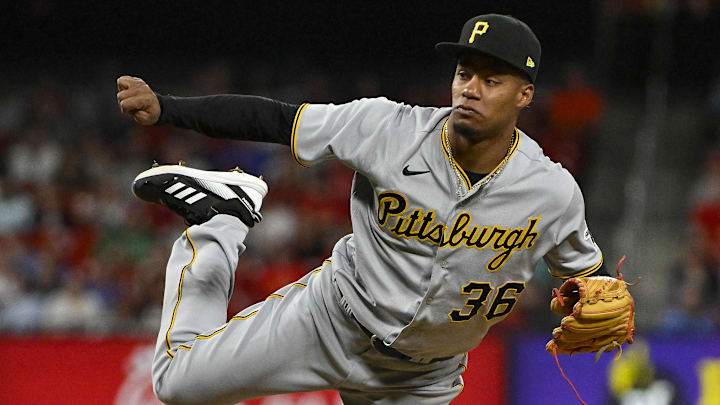 Apr 13, 2023; St. Louis, Missouri, USA;  Pittsburgh Pirates relief pitcher Dauri Moreta (36) pitches against the St. Louis Cardinals during the ninth inning at Busch Stadium. Mandatory Credit: Jeff Curry-Imagn Images